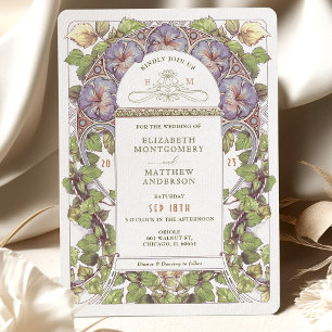 Lavendel Petunia Vintage bruiloft Art Nouveau Much Kaart