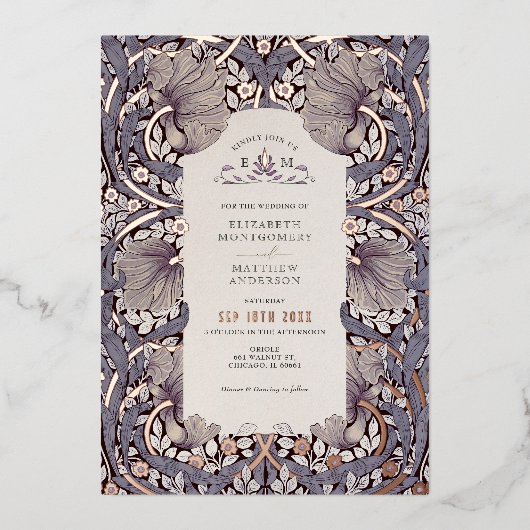 Lavendel  Pimpernel Pattern William Morris Folie Uitnodiging (Voorkant)