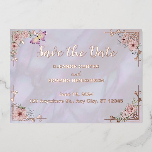  Lavendel Pioen Folie Save The Date Kaart (Voorkant)