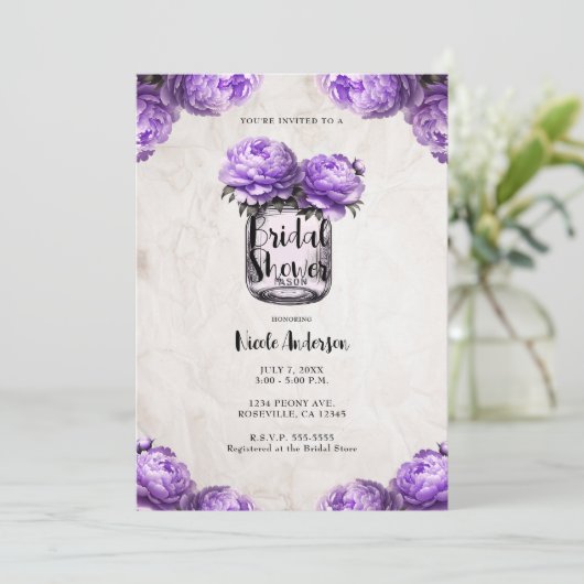 Lavendel Pioen Mason Jar Rustiek Vrijgezellenfeest Kaart (Staand voorkant)