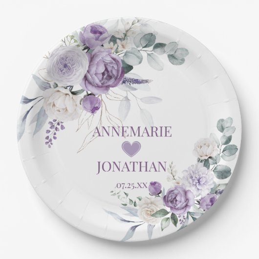 Lavendel pioenen, witte rozen bloemenbruiloft papieren bordje (Voorkant)