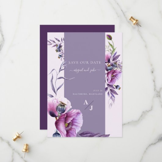 Lavendel Poppy Floral Bruiloft Save Our Date Save The Date (Voorkant / Achterkant in situ)