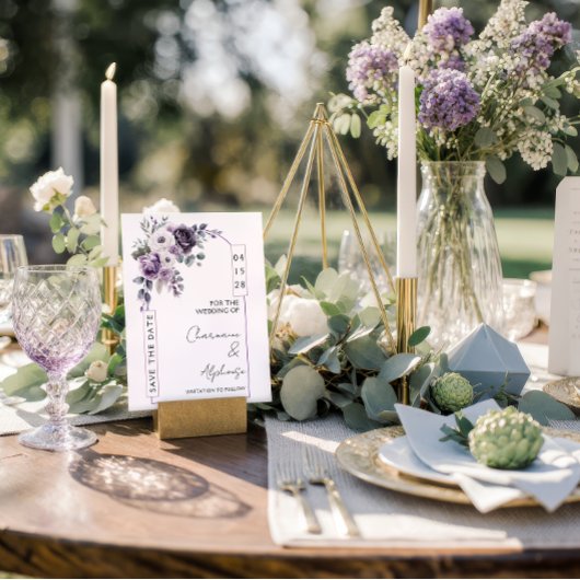 Lavendel, pruim, paarse boog save-the-date | kaart