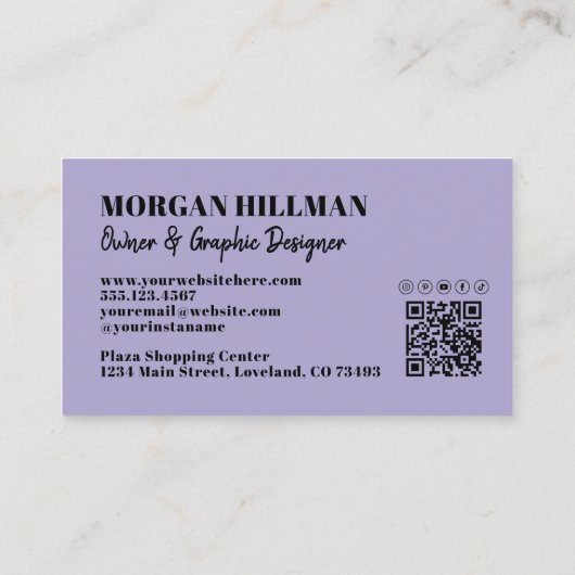 Lavendel QR-code Paarse monogram Visitekaartje (Achterkant)