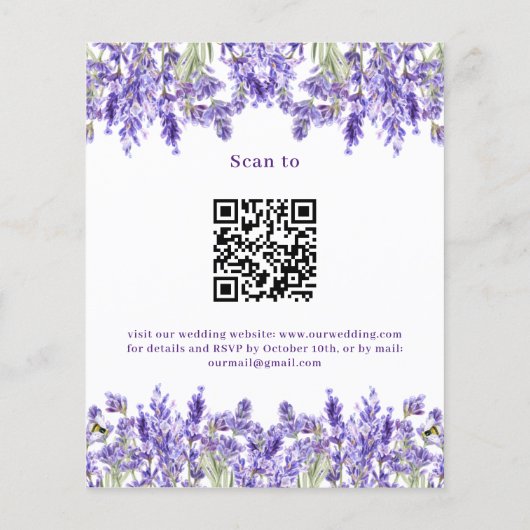 Lavendel QR RSVP details budget bruiloft uitnodigi (Achterkant)