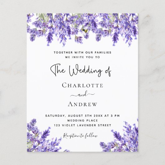 Lavendel QR RSVP details budget bruiloft uitnodigi (Voorkant)