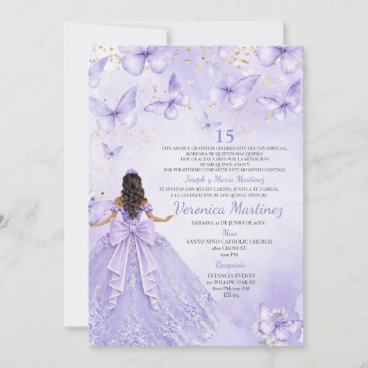 Lavendel Quinceañera Uitnodiging met Vlinders (Voorkant)