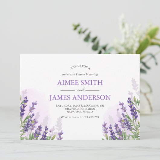 Lavendel repetitie diner uitnodiging rustieke Paar (Staand voorkant)