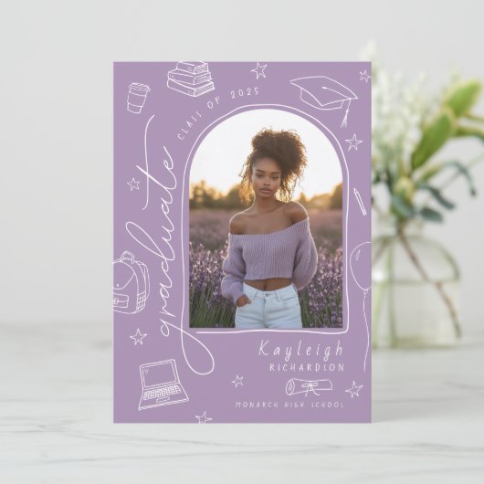 Lavendel Retro Foto Afstuderen Aankondiging (Staand voorkant)