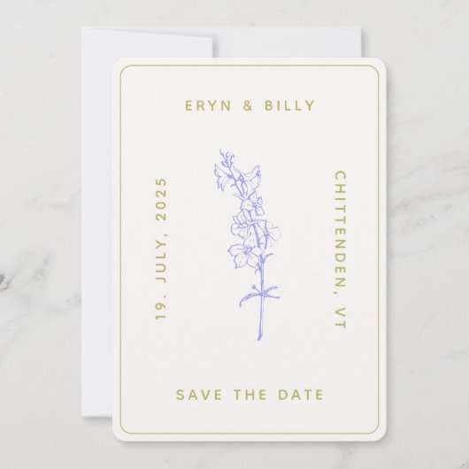 Lavendel Ridderspoor Bloemstuk Bewaar de Datum Save The Date (Voorkant)