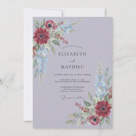 Lavendel Rode Elegante Bloemige Bruiloft Kaart (Voorkant)