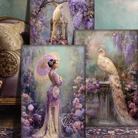 Lavendel Romance Fantasy Portret & Vogels Inpakpapier Vel