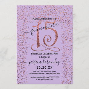 Lavendel Roos Goud Confetti Border Quinceañera Kaart
