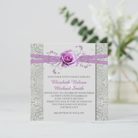 Lavendel Roos Grijs Zilver Damast Bruiloft Uitnodi Kaart (Staand voorkant)