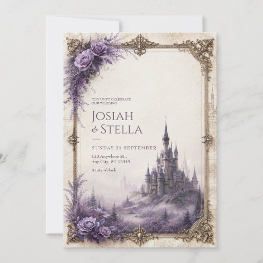 Lavendel Roos Mist Kasteel Bruiloft Kaart (Voorkant)