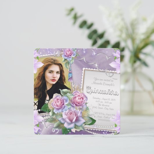Lavendel Roos Quinceanera Kaart (Staand voorkant)