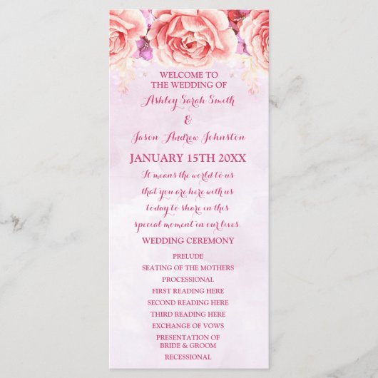 Lavendel Roze Aquarel Bloemen Trouwprogramma Programmakaart (Voorkant)