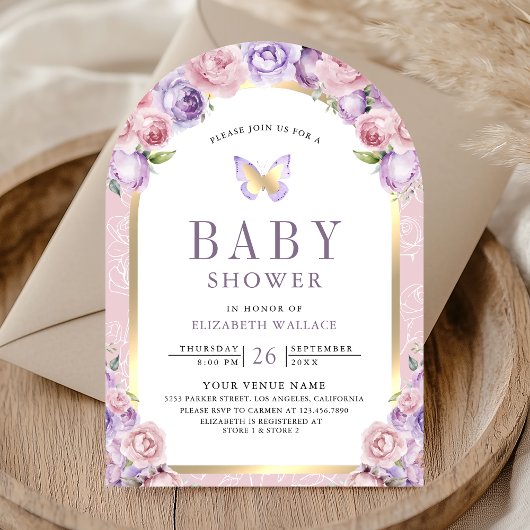 Lavendel Roze Bloemboog Vlinder Baby shower Kaart