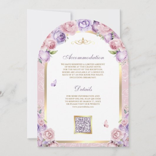 Lavendel Roze Bloemen Gouden Boog Moslim Huwelijk Kaart (Achterkant)