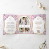 Lavendel Roze Bloemen Gouden Boog Vlinderbruiloft Drieluik Uitnodiging (Binnen)