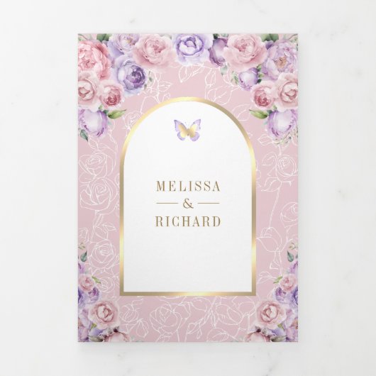 Lavendel Roze Bloemen Gouden Boog Vlinderbruiloft Drieluik Uitnodiging (Cover)