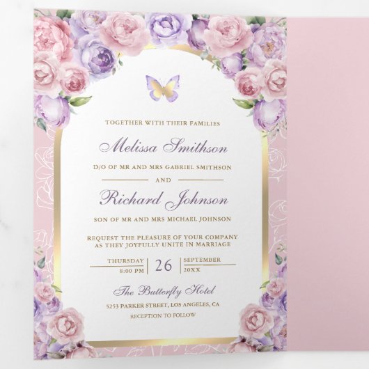 Lavendel Roze Bloemen Gouden Boog Vlinderbruiloft Drieluik Uitnodiging (Binnenzijde eerst)