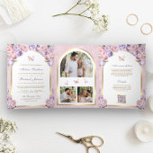 Lavendel Roze Bloemen Gouden Boog Vlinderbruiloft Drieluik Uitnodiging