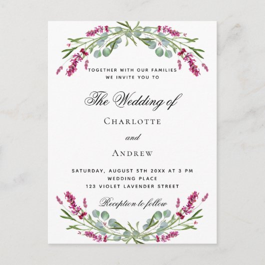 Lavendel roze bloemen groen bruiloft uitnodiging briefkaart (Voorkant)