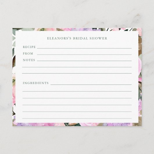 Lavendel Roze Bloemen Waterverf Douche Recept Kaar Briefkaart (Voorkant)