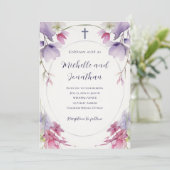 Lavendel Roze Bloemenbijbel Christelijk Cross Wedd Kaart (Staand voorkant)