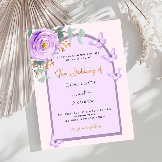 Lavendel roze bloemenboog huwelijksuitnodiging