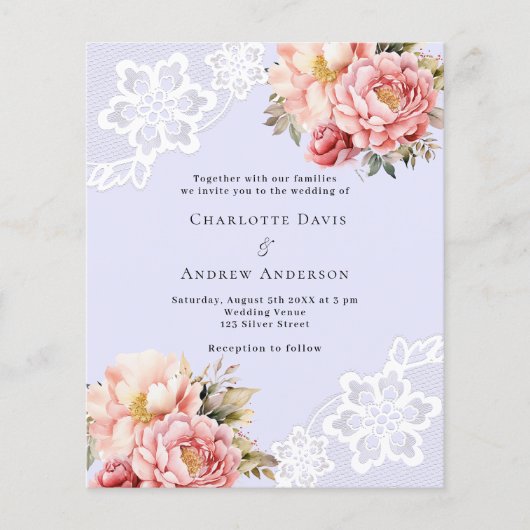 Lavendel roze bloemenkant bruiloft uitnodiging (Voorkant)