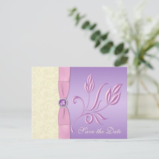 Lavendel, roze en ivoor Save the Date Briefkaart (Staand voorkant)