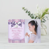 Lavendel Roze Foto Eerste Communie Kaart (Staand voorkant)