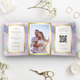 Lavendel Roze Goud Agaat Marmer QR Code Trouwen Drieluik Uitnodiging