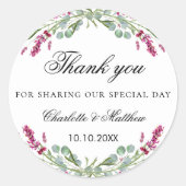 Lavendel roze groen bruiloft dank u ronde sticker (Voorkant)
