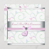 Lavendel Roze Hart Roze Kruis Eerste Communie Kaart (Voorkant / Achterkant)