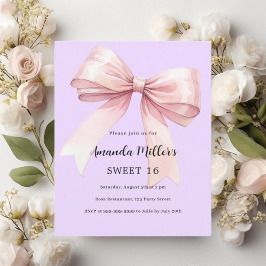 Lavendel roze strik Sweet 16 uitnodiging