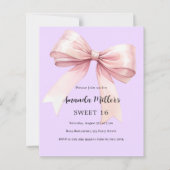 Lavendel roze strik Sweet 16 uitnodiging (Voorkant)