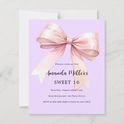 Lavendel roze strik Sweet 16 uitnodiging (Voorkant)