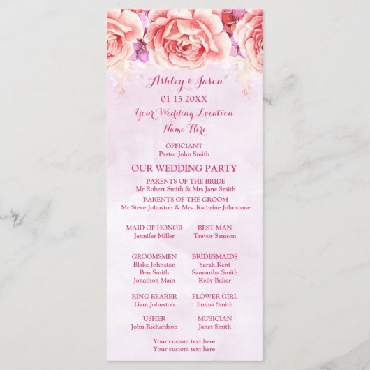 Lavendel Roze Waterverf Bloemen Trouwprogramma Programmakaart (Achterkant)