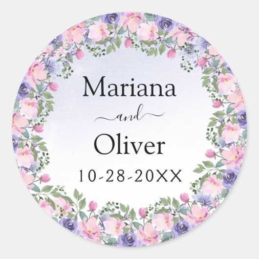 Lavendel roze Waterverf bloemenbruiloft Ronde Sticker (Voorkant)
