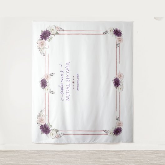 Lavendel Roze Witte Bloemige Bruiloft Photo Booth Wandkleed (Voorkant)