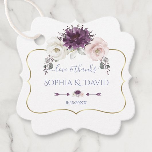 Lavendel Roze Witte Bloemige Gouden Bruiloft Bedankjes Labels (Voorkant)