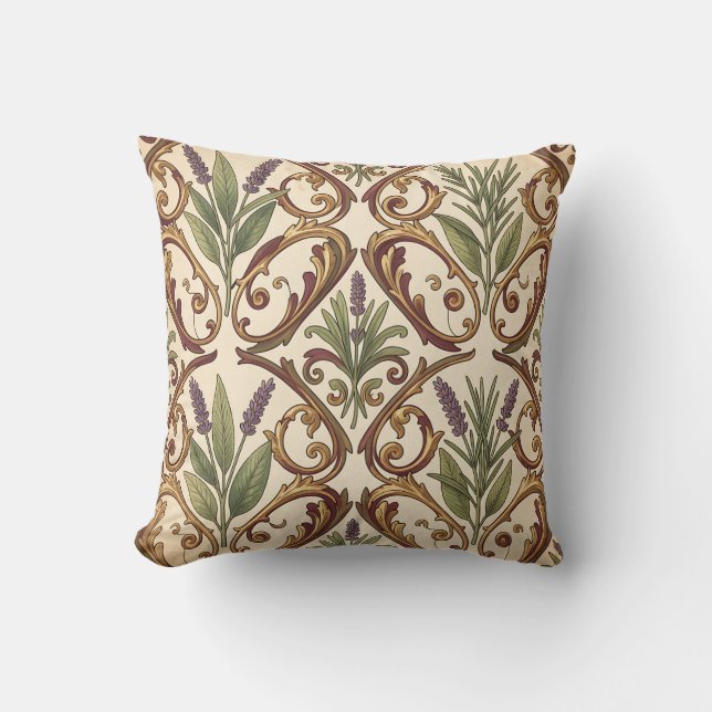 Lavendel Rozemarijn Gouden Scroll Patroon  Kussen (Voorkant)