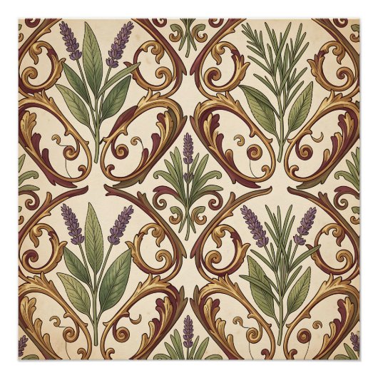 Lavendel Rozemarijn Gouden Scroll Patroon Perfect Poster (Voorkant)