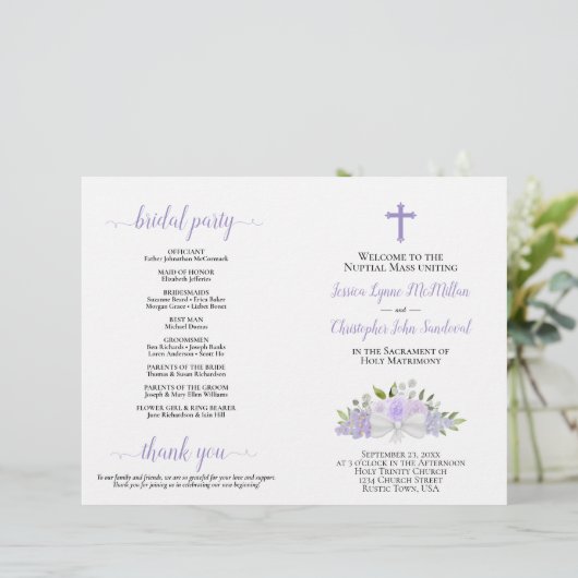 Lavendel Rozen & Bloesems Katholieke bruiloft prog (Staand voorkant)