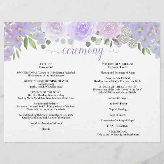 Lavendel Rozen & Bloesems Katholieke bruiloft prog (Achterkant)
