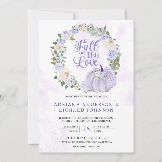 Lavendel Rozen Pompoen Foto QR Code Bruiloft Kaart (Voorkant)