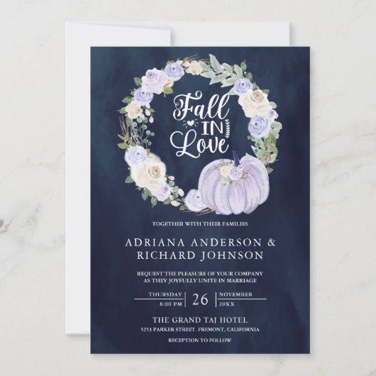 Lavendel Rozen Pompoen Foto QR Code Marine Bruilof Kaart (Voorkant)